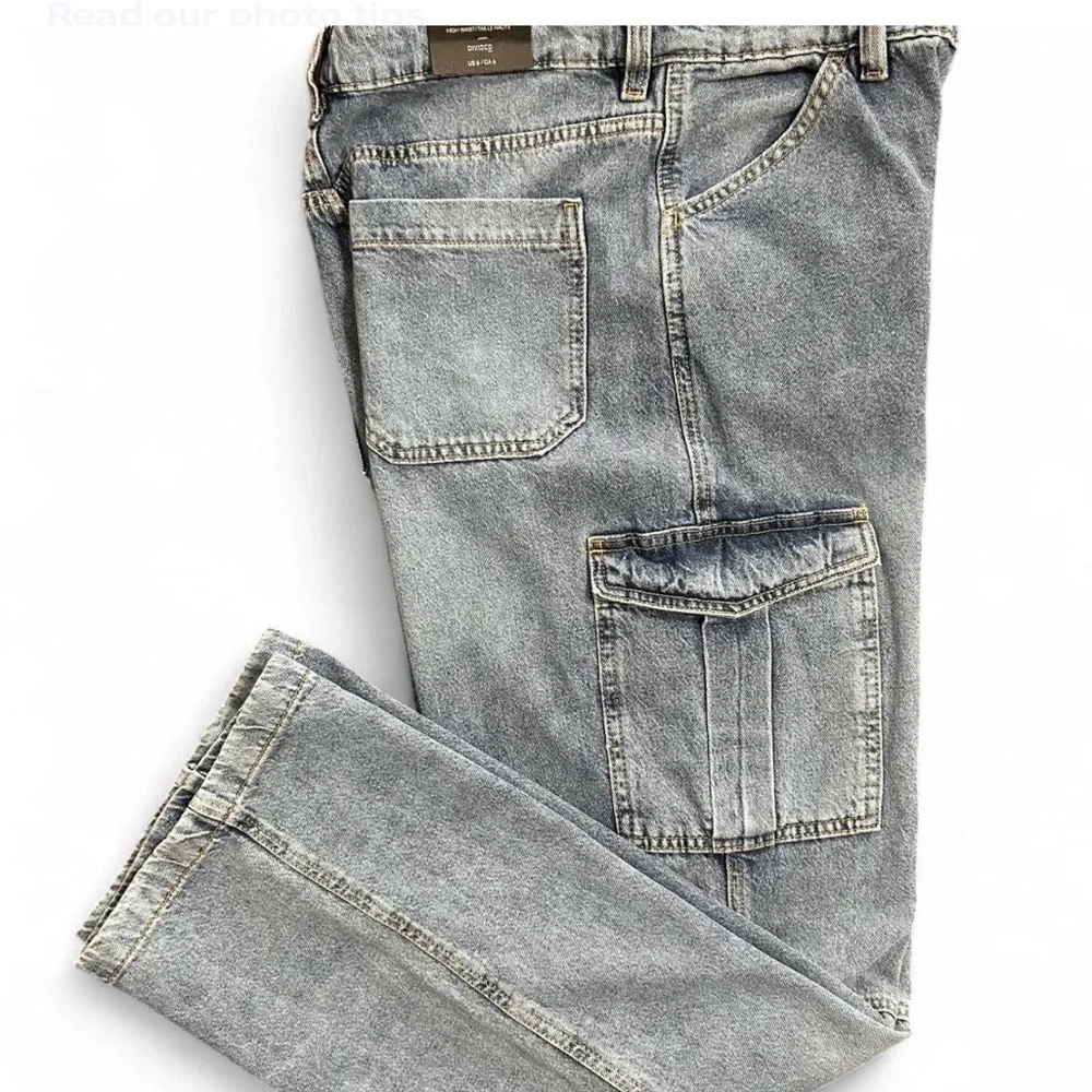 DIVIDED H&M Blue Cargo Baggy 90’s Jeans 6, High Waist W/Leg Pockets NWT